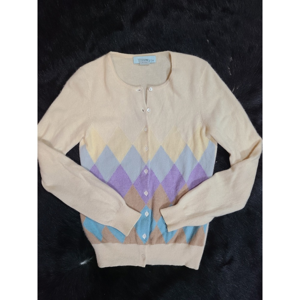 Celeste Argyle Cardigan Women Small Cream Pastel 100% Cashmere Excellent Preppy